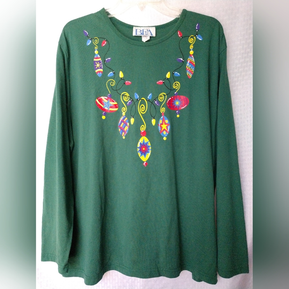BFA Classics Women's Christmas Shirt Green Long Sleeve Ornaments Print Size XXL